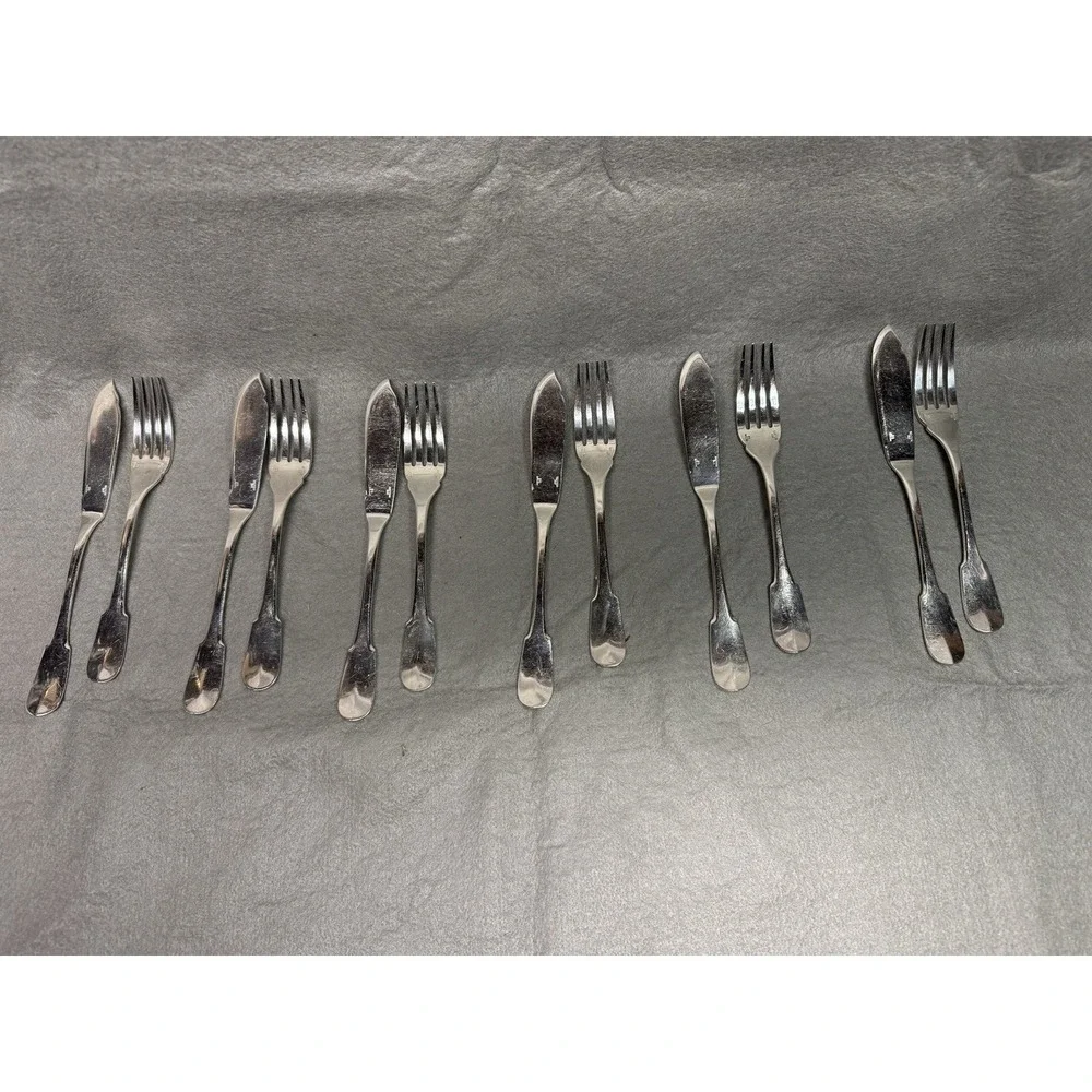 VINTAGE CHRISTOFLE CLUNY SILVER PLATE LOT OF 6 FISH KNIVES & 6 FISH FORKS FRANCE